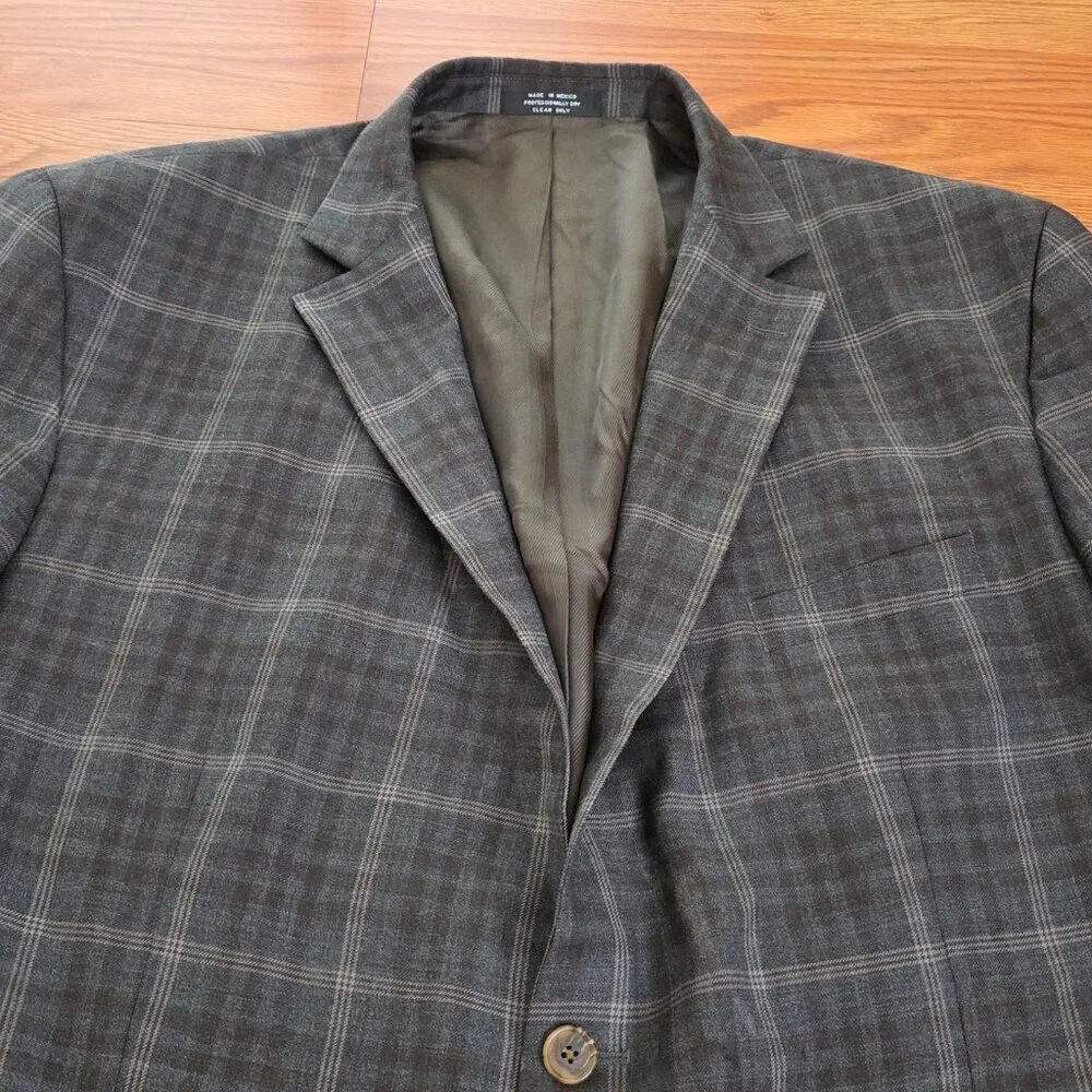 VTG Tweed Jacket XL Brown Beige Windowpane Check 100% Wool Blazer Sport Coat 50R